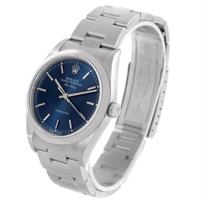 The Rolex Air-King 14000 Men's Stainless Steel Blue Dial 14000 Men's Stainless Steel Blue Dial watch is shown at a slight angle, highlighting its blue dial, crown, case, and metal bracelet.