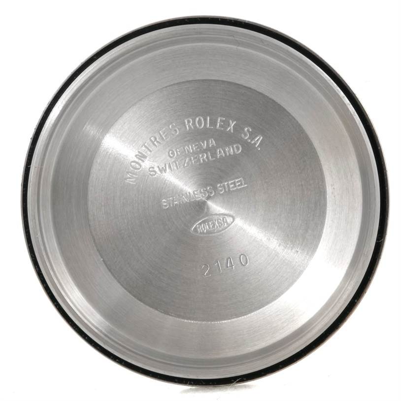 This image shows the interior case back of a Rolex Air-King 14000 Men's Stainless Steel Blue Dial 14000 Men's Stainless Steel Blue Dial watch, highlighting the brand engravings.