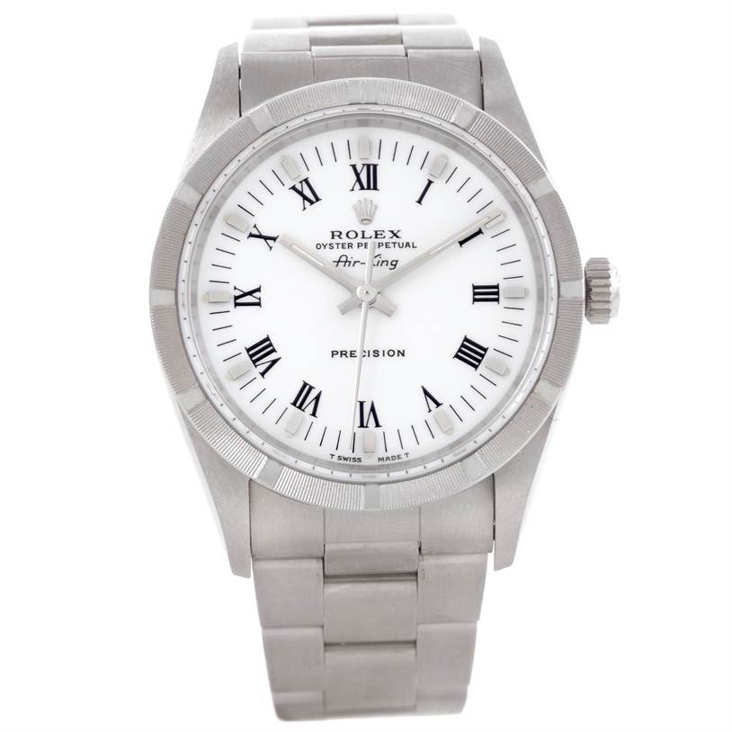This is a front view of a Rolex Air-King 14010 Men's Stainless Steel White Dial 14010 Men's Stainless Steel White Dial watch, showcasing the dial, bezel, crown, and bracelet.