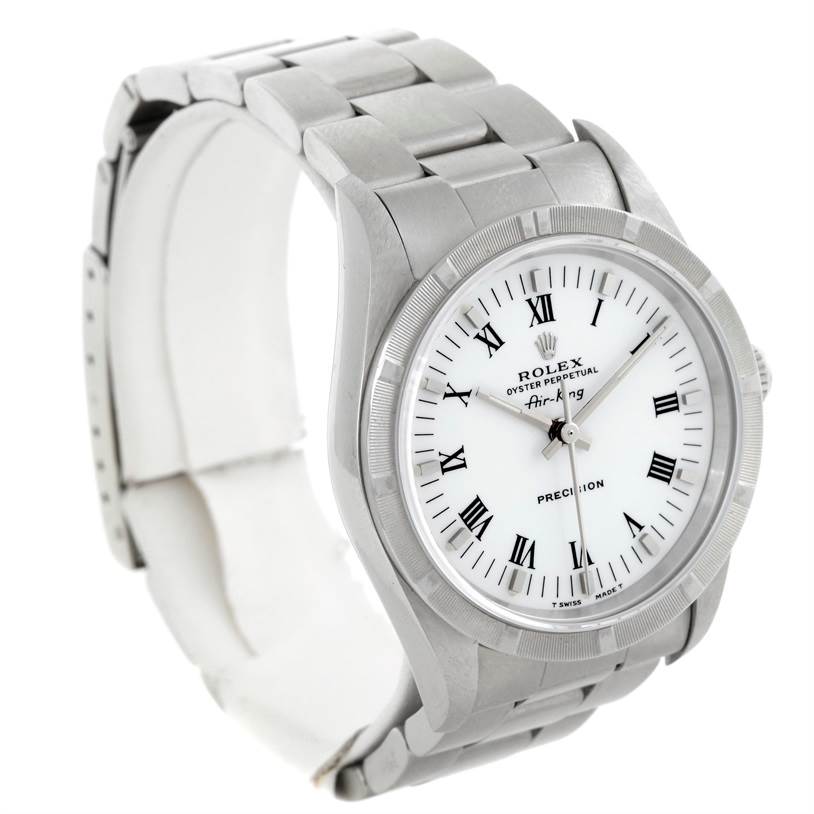 The image shows a Rolex Air-King 14010 Men's Stainless Steel White Dial 14010 Men's Stainless Steel White Dial watch at an angled front view, displaying the dial, case, bezel, and bracelet.
