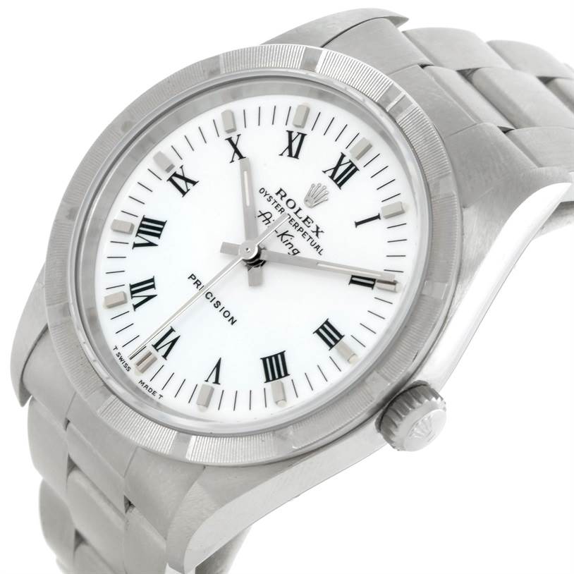 This image shows a close-up, angled view of the watch face and bracelet of a Rolex Air-King 14010 Men's Stainless Steel White Dial 14010 Men's Stainless Steel White Dial model.