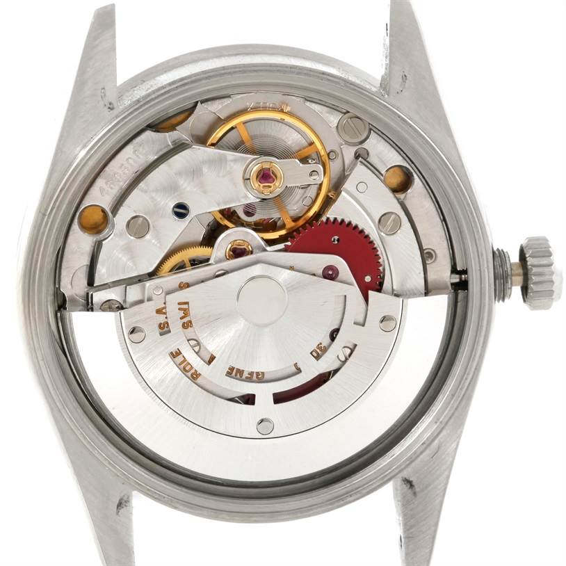 The image shows the inner mechanical movement of a Rolex Air-King 14010 Men's Stainless Steel White Dial 14010 Men's Stainless Steel White Dial watch from a top-down angle.