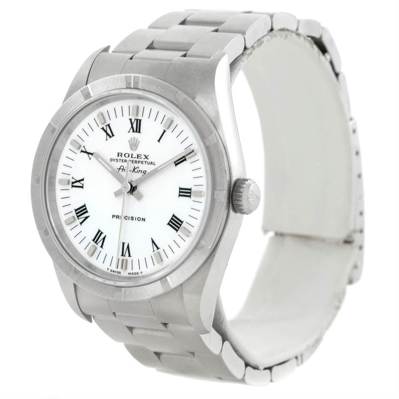 The image shows a front-left angled view of a Rolex Air-King 14010 Men's Stainless Steel White Dial 14010 Men's Stainless Steel White Dial watch, highlighting the dial, bezel, and bracelet.