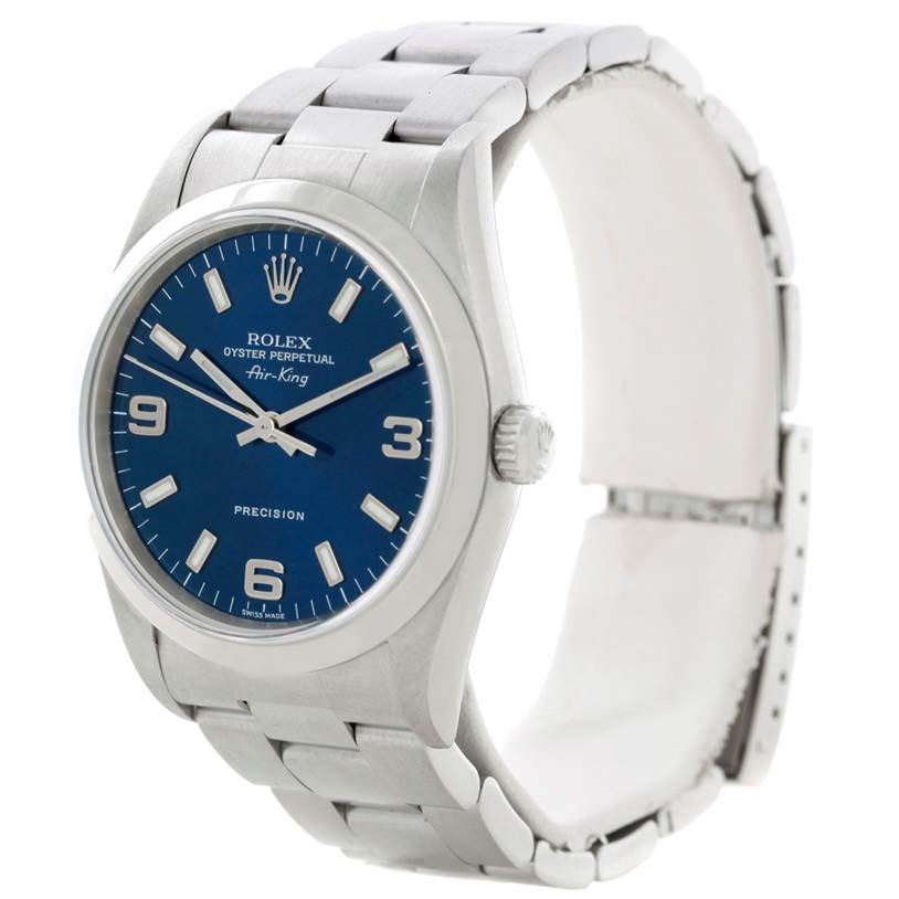 The image shows a Rolex Air-King 14000 Men's Stainless Steel Blue Dial 14000 Men's Stainless Steel Blue Dial watch, angled to display the face, bezel, crown, and part of the bracelet.