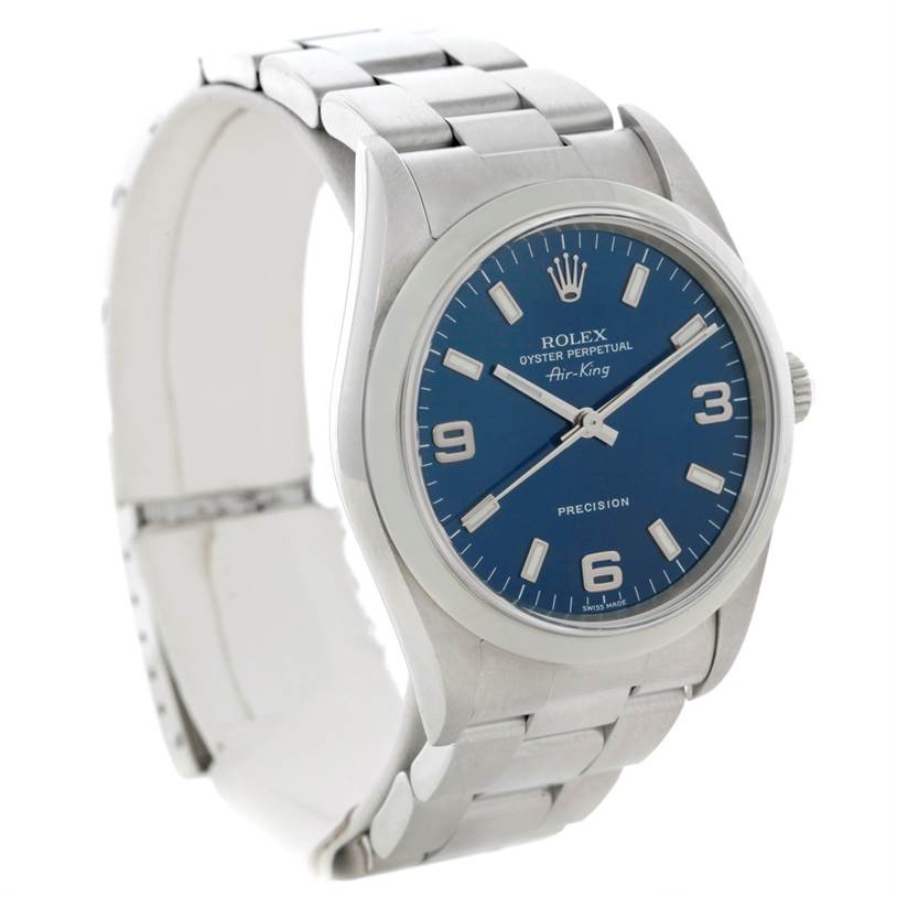 The image shows a Rolex Air-King 14000 Men's Stainless Steel Blue Dial 14000 Men's Stainless Steel Blue Dial watch at a three-quarter angle, displaying the dial, bracelet, and clasp.