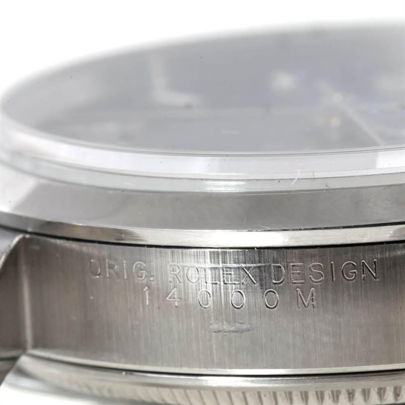 This image shows a close-up of the side of a Rolex Air-King 14000 Men's Stainless Steel Blue Dial 14000 Men's Stainless Steel Blue Dial watch, highlighting the engraved model number.