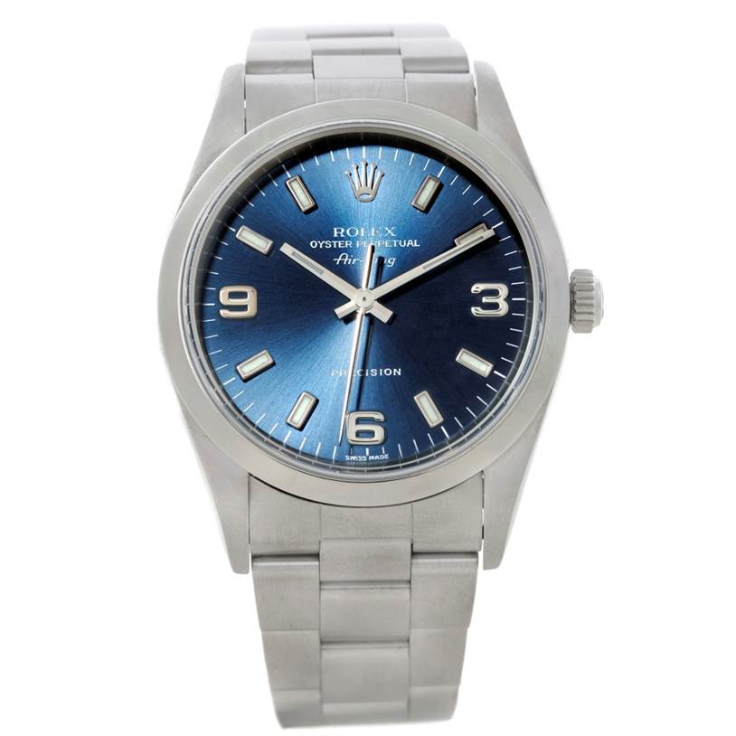 This Rolex Air-King 14000 Men's Stainless Steel Blue Dial 14000 Men's Stainless Steel Blue Dial watch is shown from a front angle, displaying the face, bracelet, and crown.