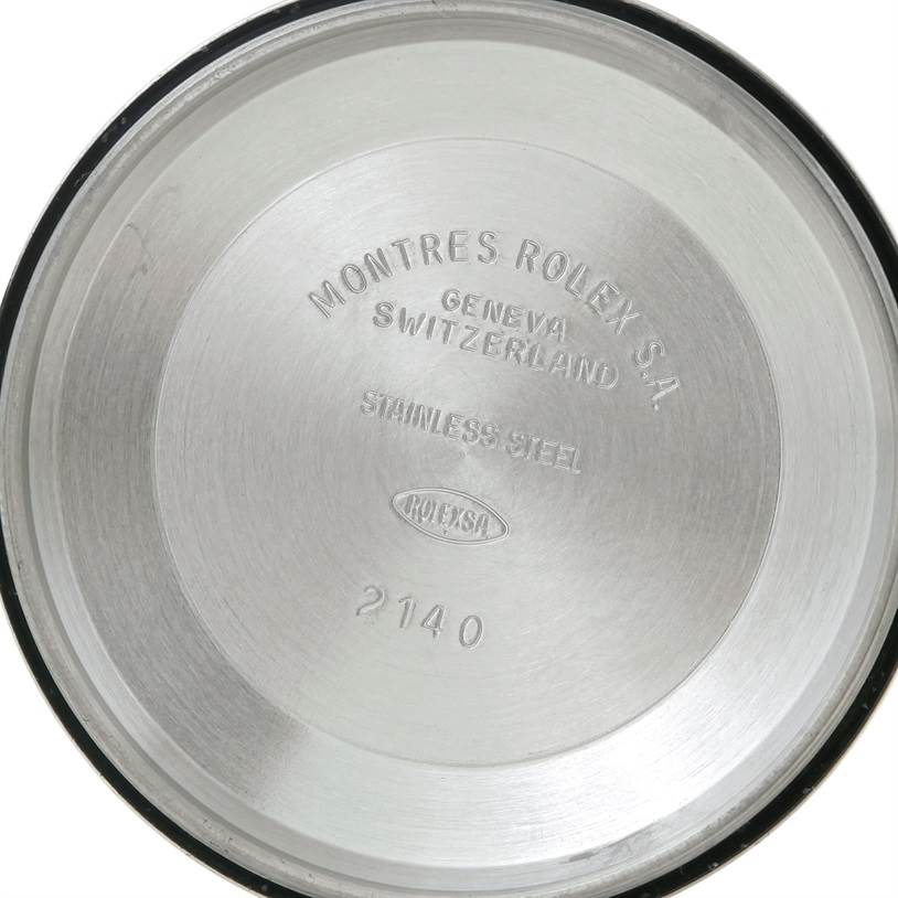 The image shows the interior view of the stainless steel case back of a Rolex Air-King 14000 Men's Stainless Steel Blue Dial 14000 Men's Stainless Steel Blue Dial watch.