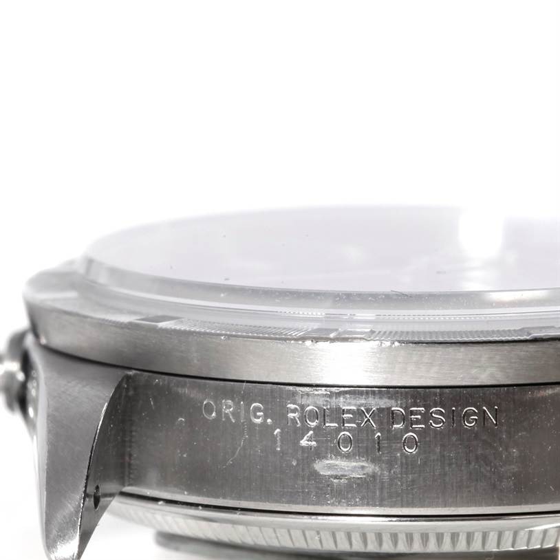 This image shows a close-up view of the side and bezel of the Rolex Air-King 14010 Men's Stainless Steel Blue Dial 14010 Men's Stainless Steel Blue Dial watch case, displaying the model number and brand engraving.