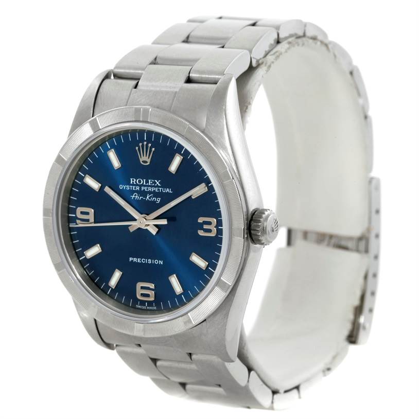 The Rolex Air-King 14010 Men's Stainless Steel Blue Dial 14010 Men's Stainless Steel Blue Dial watch is shown at a slight angle, displaying its face, crown, and bracelet.