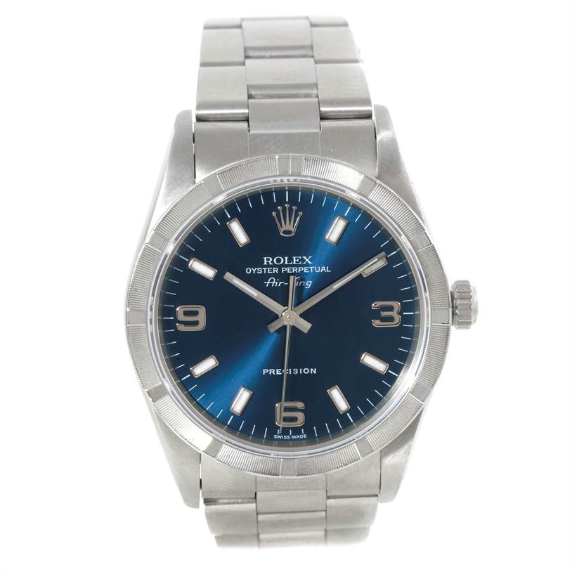 The image shows a front view of the Rolex Air-King 14010 Men's Stainless Steel Blue Dial 14010 Men's Stainless Steel Blue Dial watch, highlighting its blue dial, silver case, and metal bracelet.