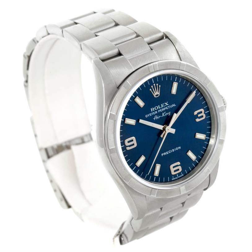 The image shows a Rolex Air-King 14010 Men's Stainless Steel Blue Dial 14010 Men's Stainless Steel Blue Dial watch at a three-quarter angle, displaying the face, bezel, and bracelet.