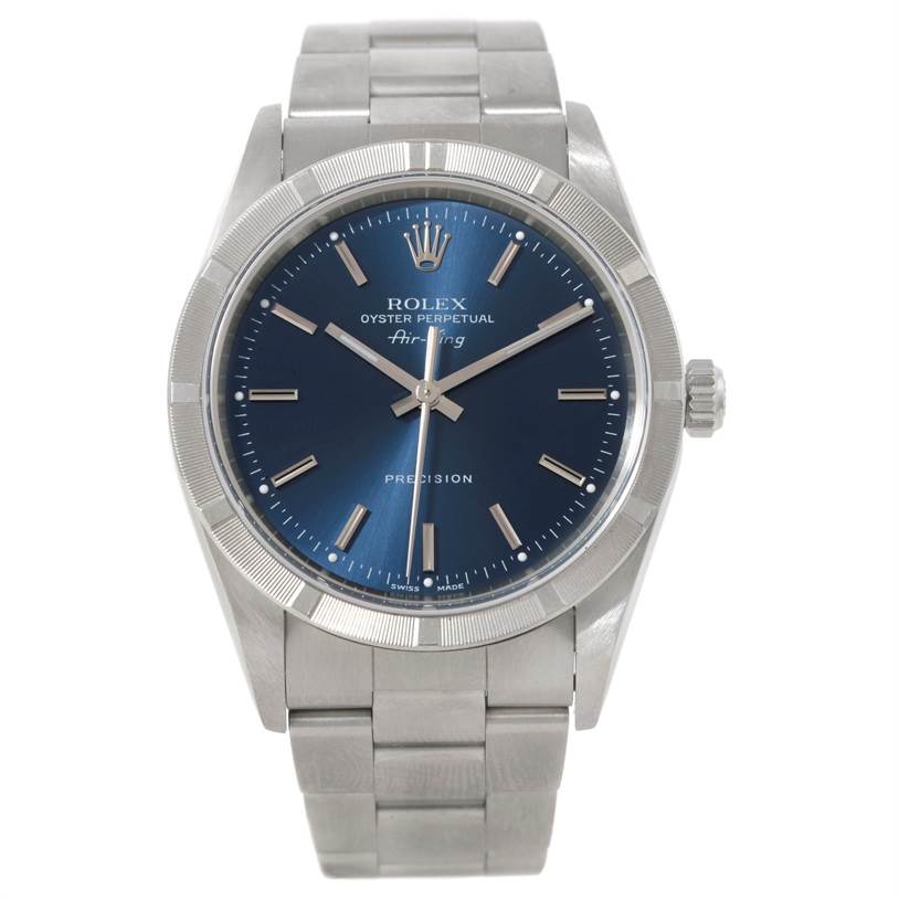 The image shows a front view of a Rolex Air-King 14010 Men's Stainless Steel Blue Dial 14010 Men's Stainless Steel Blue Dial watch, highlighting the dial, bezel, case, crown, and bracelet.