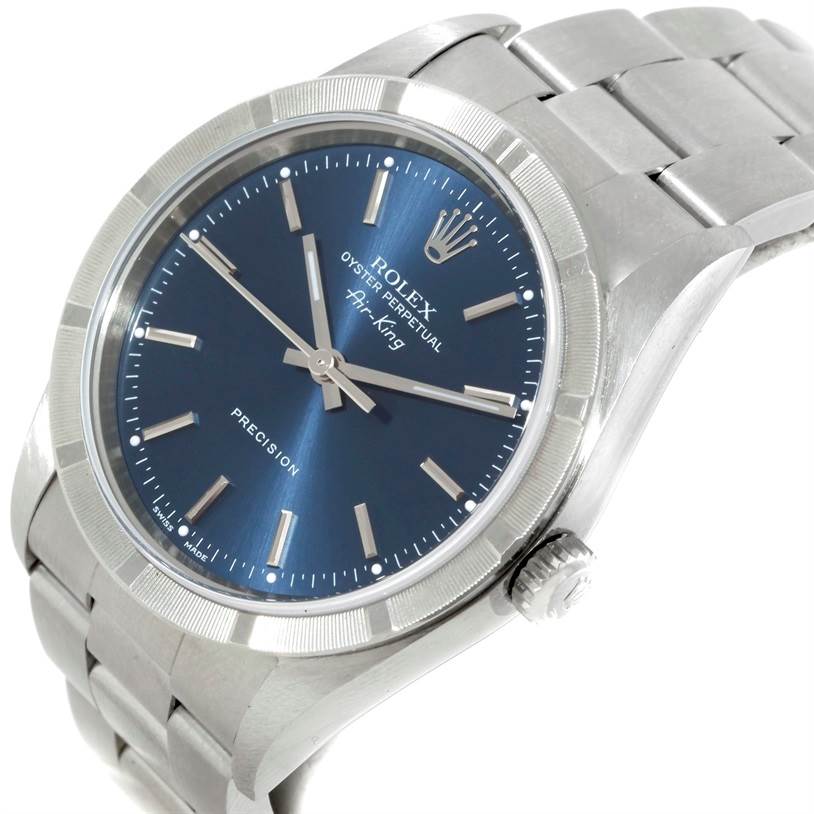 The image shows a close-up of the Rolex Air-King 14010 Men's Stainless Steel Blue Dial 14010 Men's Stainless Steel Blue Dial watch face and bracelet from a slightly angled perspective.