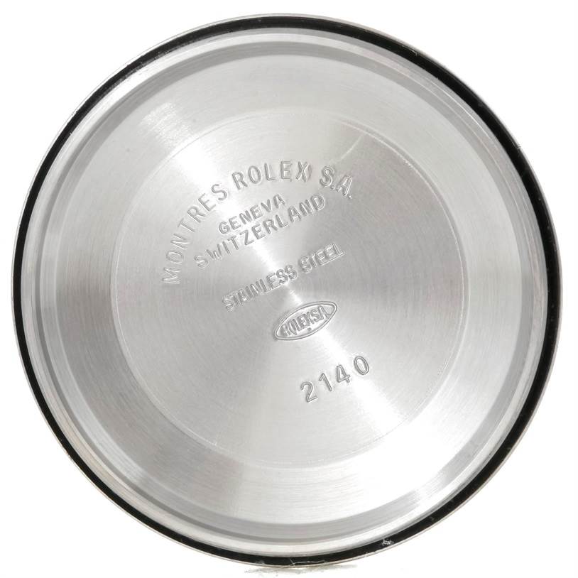 This image shows the inside of the case back of a Rolex Air-King 14010 Men's Stainless Steel Blue Dial 14010 Men's Stainless Steel Blue Dial watch, displaying brand engravings and model details.