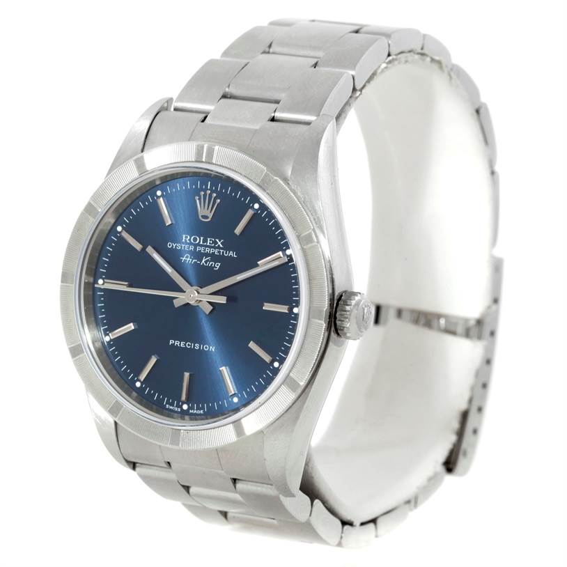The Rolex Air-King 14010 Men's Stainless Steel Blue Dial 14010 Men's Stainless Steel Blue Dial watch is shown at a slight angle, displaying the watch face, crown, and stainless steel bracelet.
