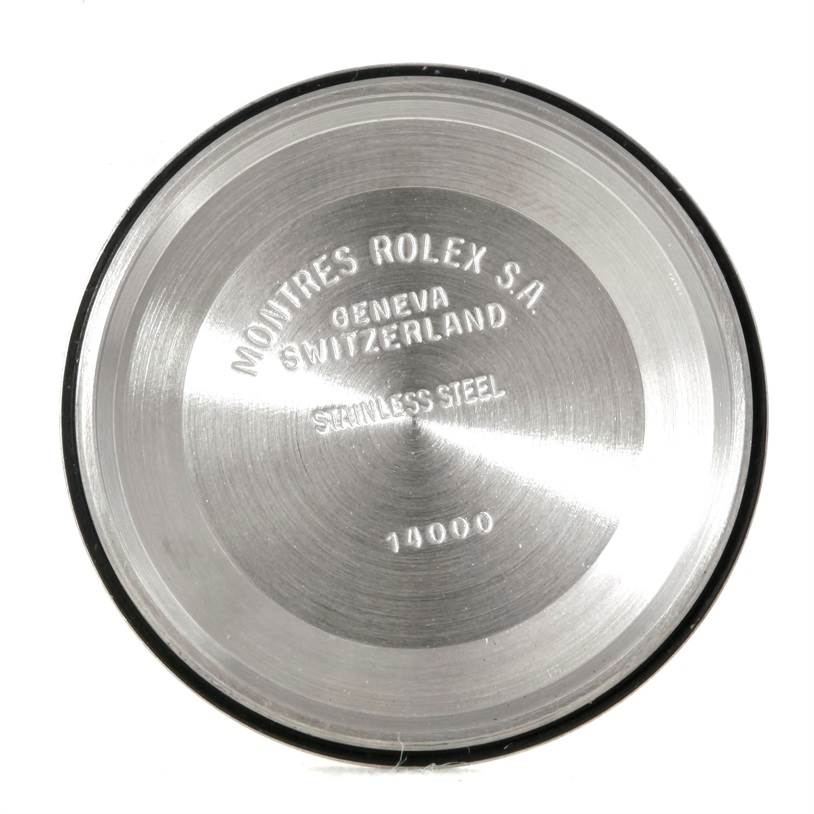 The image shows the inner side of the stainless steel case back for a Rolex Air-King 14010 Men's Stainless Steel Blue Dial 14010 Men's Stainless Steel Blue Dial model.