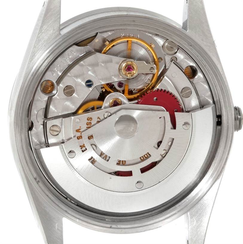 The image shows the internal mechanism and movement of the Rolex Air-King 14010 Men's Stainless Steel Blue Dial 14010 Men's Stainless Steel Blue Dial watch, viewed from the back.