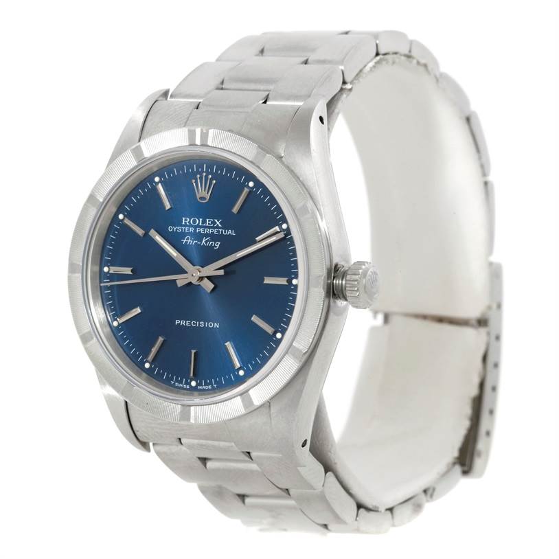 The image shows a Rolex Air-King 14010 Men's Stainless Steel Blue Dial 14010 Men's Stainless Steel Blue Dial watch at an angled view, highlighting the face, bezel, and bracelet.
