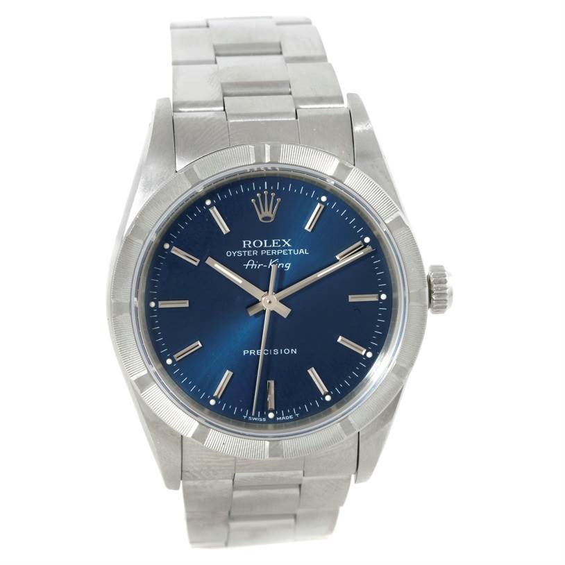 The image shows a front view of the Rolex Air-King 14010 Men's Stainless Steel Blue Dial 14010 Men's Stainless Steel Blue Dial watch, displaying the dial, crown, and bracelet.
