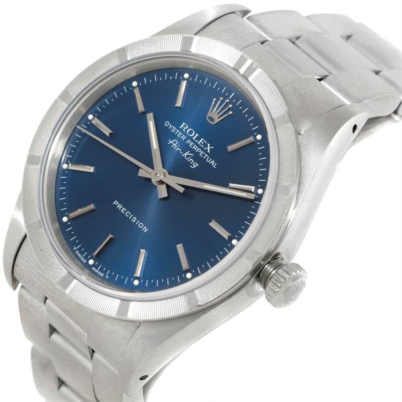 The image shows a Rolex Air-King 14010 Men's Stainless Steel Blue Dial 14010 Men's Stainless Steel Blue Dial watch from a slight side angle, highlighting the blue dial, crown, and stainless steel bracelet.