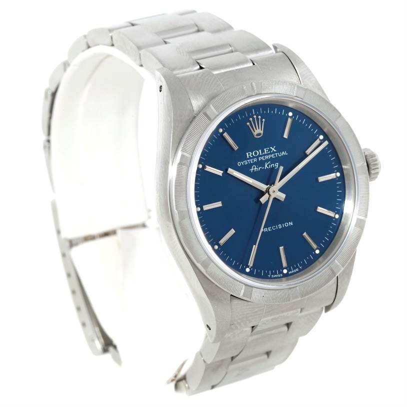 The image shows a Rolex Air-King 14010 Men's Stainless Steel Blue Dial 14010 Men's Stainless Steel Blue Dial watch from a front-left angle, highlighting the blue dial, silver hands, and metal bracelet.