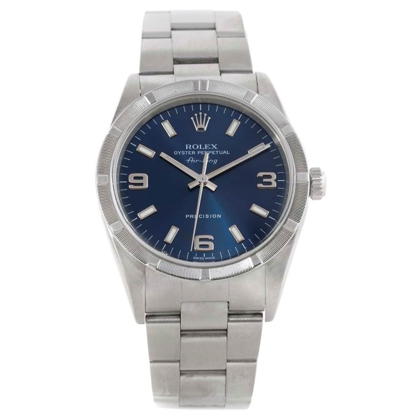 The image shows a front view of a Rolex Air-King 14010 Men's Stainless Steel Blue Dial 14010 Men's Stainless Steel Blue Dial watch, highlighting the dial, bezel, bracelet, and crown.