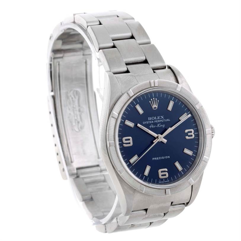 The Rolex Air-King 14010 Men's Stainless Steel Blue Dial 14010 Men's Stainless Steel Blue Dial watch is shown at a three-quarter angle, displaying the face, bezel, crown, and bracelet.