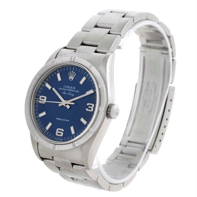 This image shows the Rolex Air-King 14010 Men's Stainless Steel Blue Dial 14010 Men's Stainless Steel Blue Dial watch at a three-quarter angle, displaying its face, dial, bezel, and bracelet.