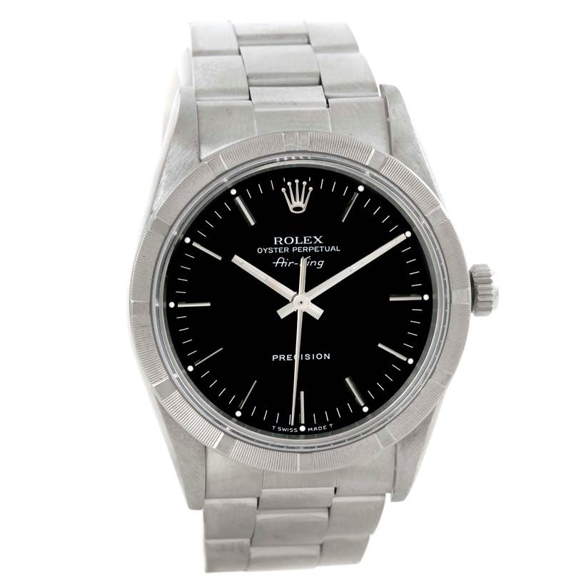 This image shows a front view of the Rolex Air-King 14010 Men's Stainless Steel Black Dial 14010 Men's Stainless Steel Black Dial watch, featuring its face, bezel, and part of the bracelet.