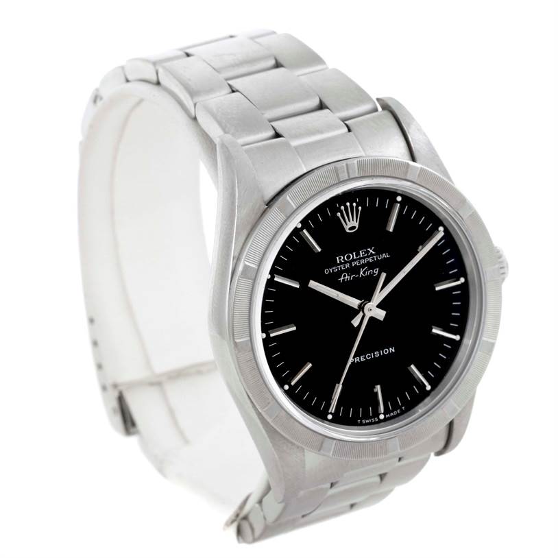 The image shows a Rolex Air-King 14010 Men's Stainless Steel Black Dial 14010 Men's Stainless Steel Black Dial watch at a slight angle, highlighting its face, bezel, and part of the bracelet.