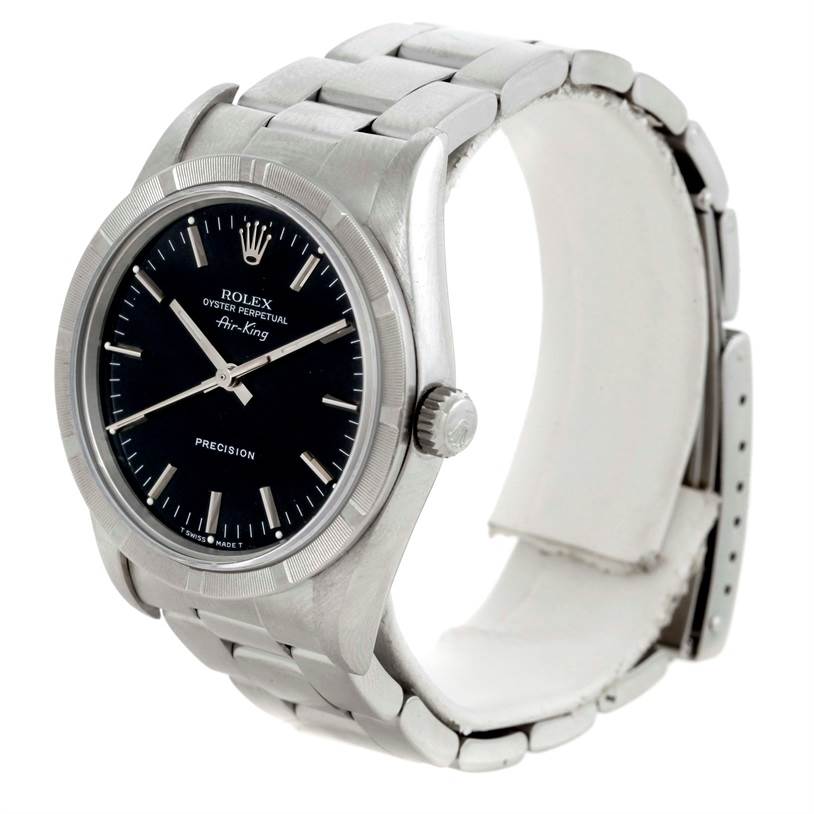 This image shows a side view of a Rolex Air-King 14010 Men's Stainless Steel Black Dial 14010 Men's Stainless Steel Black Dial watch, displaying its face, bezel, and part of the bracelet.