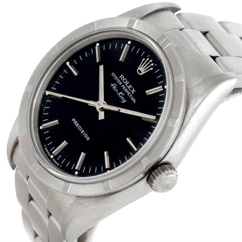 The image shows a Rolex Air-King 14010 Men's Stainless Steel Black Dial 14010 Men's Stainless Steel Black Dial watch from a slight side angle, highlighting its face, bezel, and part of the bracelet.