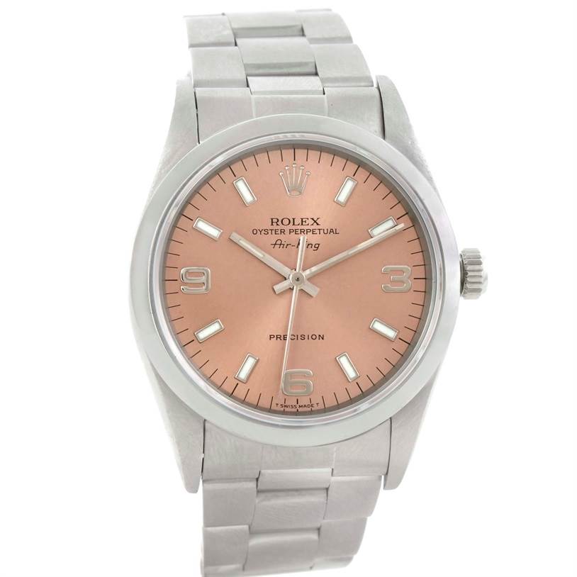 This image of the Rolex Air-King 14000 Men's Stainless Steel Pink Dial 14000 Men's Stainless Steel Pink Dial watch shows a front view, highlighting the face, hands, crown, and bracelet.