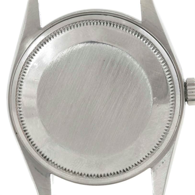 This is the back view of the case and crown of a Rolex Air-King 14000 Men's Stainless Steel Pink Dial 14000 Men's Stainless Steel Pink Dial watch.