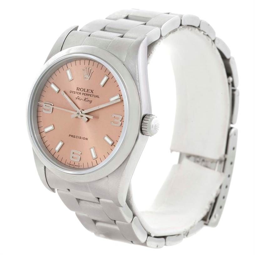 The Rolex Air-King 14000 Men's Stainless Steel Pink Dial 14000 Men's Stainless Steel Pink Dial watch is shown at an angle displaying its face, bezel, crown, and metal bracelet.