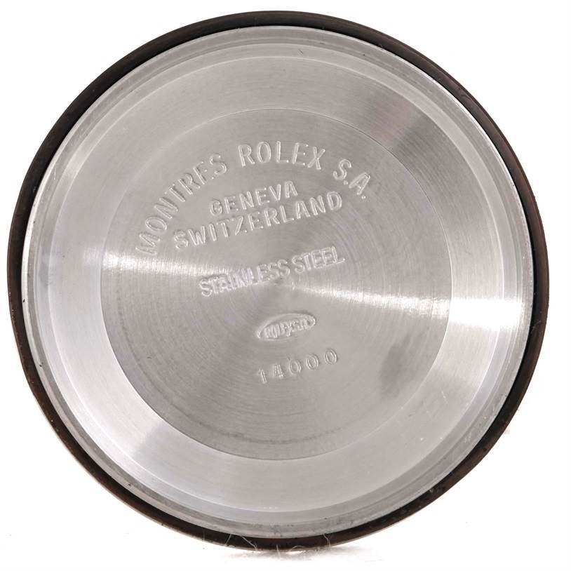 The image shows the stainless steel case back of a Rolex Air-King 14000 Men's Stainless Steel Pink Dial 14000 Men's Stainless Steel Pink Dial watch.