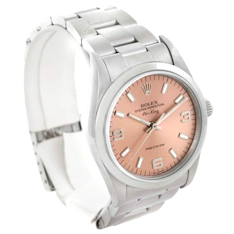The image shows the Rolex Air-King 14000 Men's Stainless Steel Pink Dial 14000 Men's Stainless Steel Pink Dial watch from a three-quarter angle, highlighting the face, bezel, crown, and bracelet.
