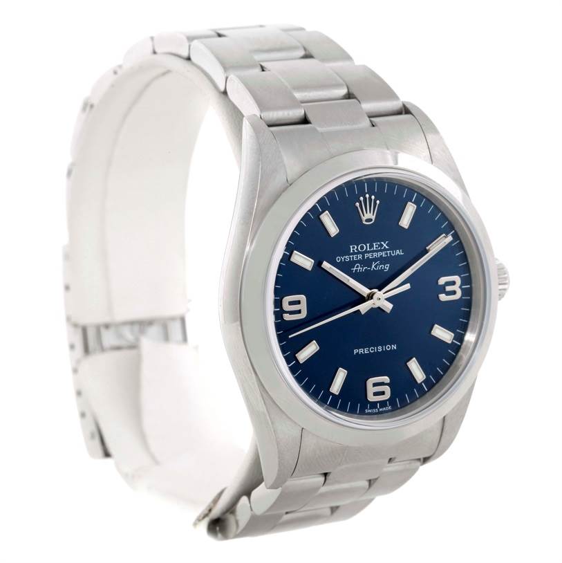The image shows a Rolex Air-King 14000 Men's Stainless Steel Blue Dial 14000 Men's Stainless Steel Blue Dial watch at a three-quarters angle, highlighting the dial, bezel, and bracelet.