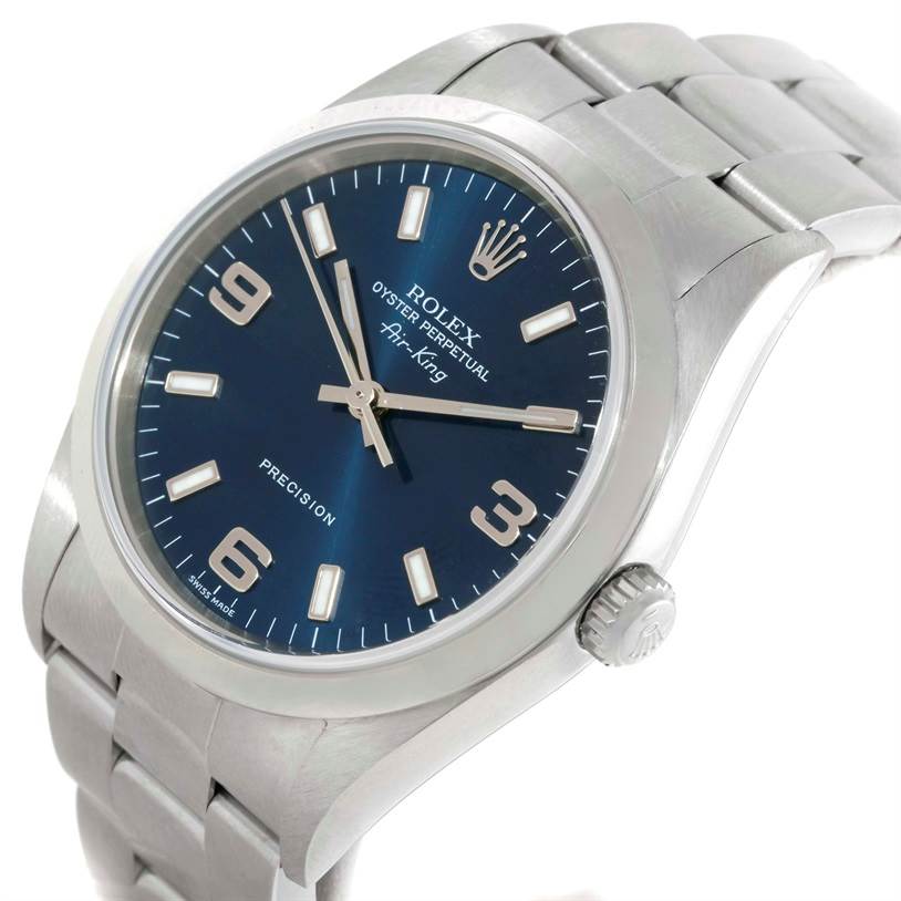 The image shows an angled view of a Rolex Air-King 14000 Men's Stainless Steel Blue Dial 14000 Men's Stainless Steel Blue Dial watch, highlighting its blue dial, stainless steel casing, and bracelet.
