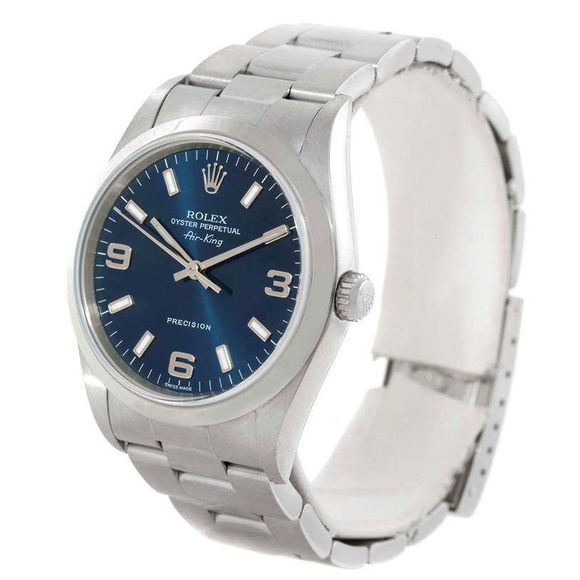 This image shows a Rolex Air-King 14000 Men's Stainless Steel Blue Dial 14000 Men's Stainless Steel Blue Dial watch at a three-quarter angle, highlighting the face, crown, and bracelet.