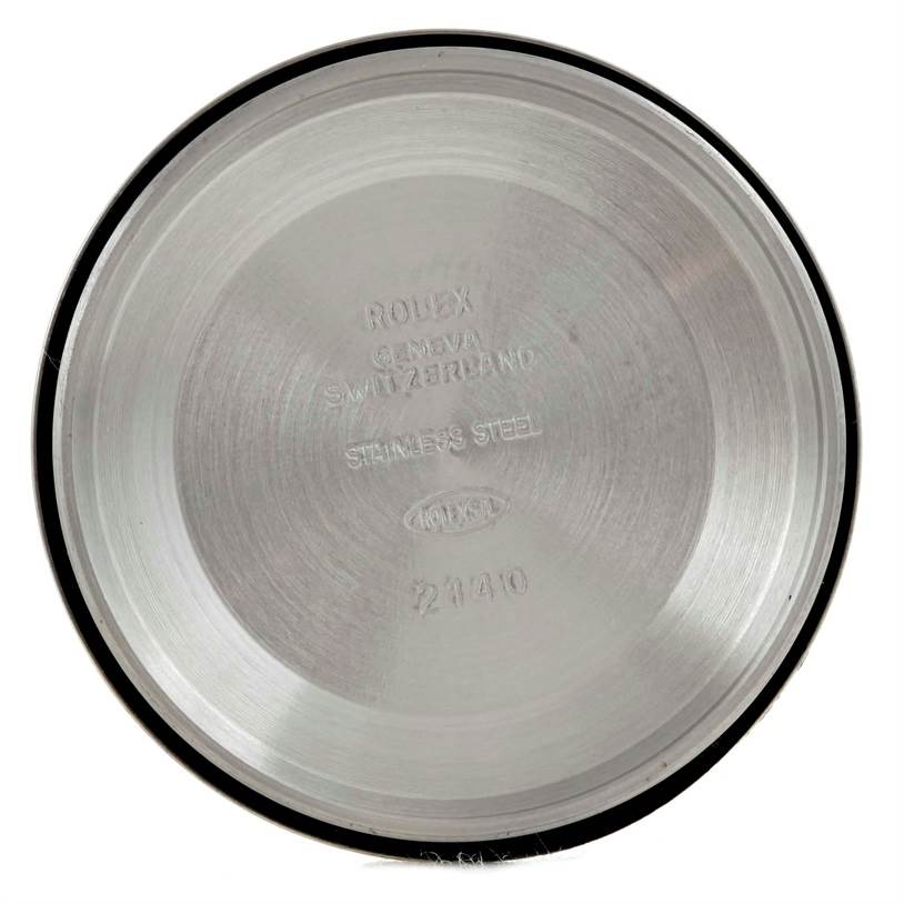 This image shows the inside case back of a Rolex Air-King 14000 Men's Stainless Steel Blue Dial 14000 Men's Stainless Steel Blue Dial watch, displaying inscriptions and the stainless steel material.