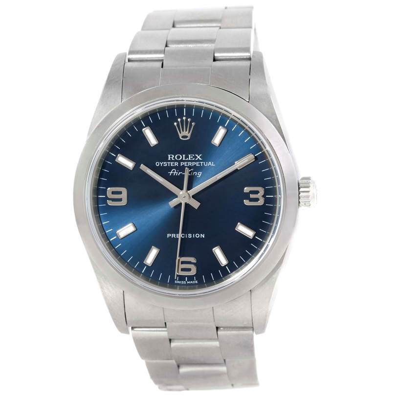 The image shows a front view of a Rolex Air-King 14000 Men's Stainless Steel Blue Dial 14000 Men's Stainless Steel Blue Dial watch, displaying its blue dial, hour markers, and bracelet.