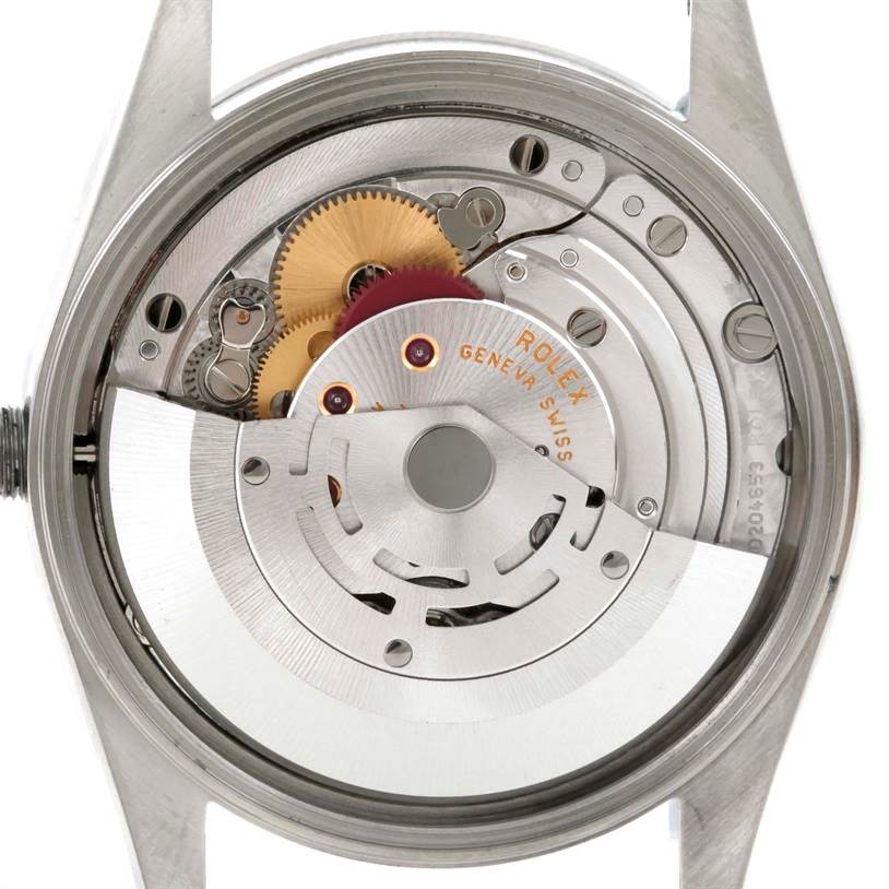 The image shows the back view of the Rolex Air-King 14000 Men's Stainless Steel Blue Dial 14000 Men's Stainless Steel Blue Dial watch, exposing its intricate mechanical movement.