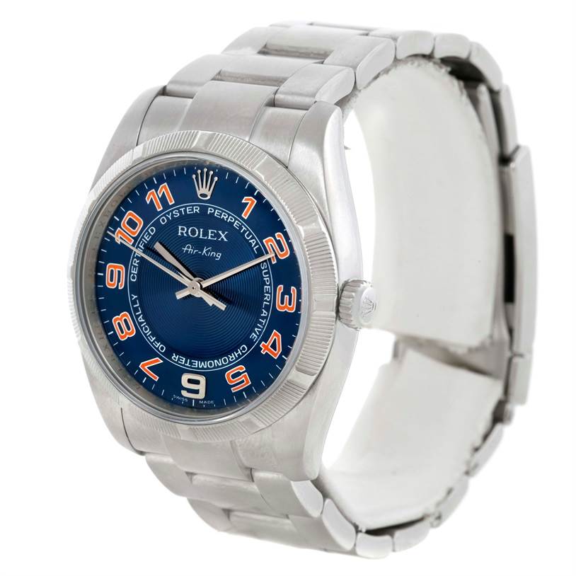The Rolex Air-King 114210 Men's Stainless Steel Blue Dial 114210 Men's Stainless Steel Blue Dial watch is shown at a slight angle, displaying the face, bezel, crown, and part of the bracelet.