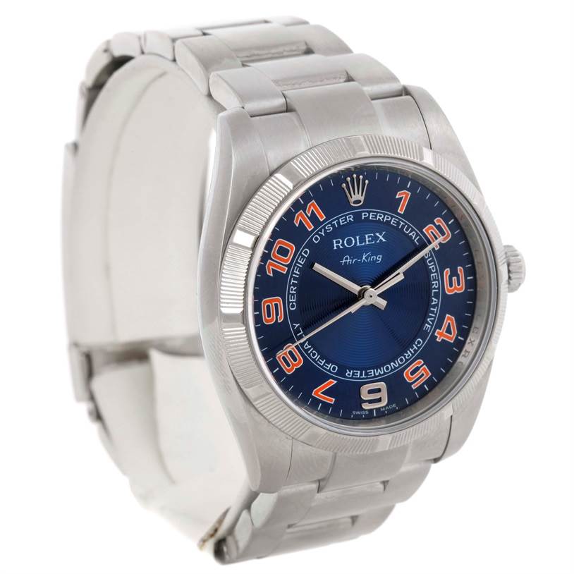This image shows a Rolex Air-King 114210 Men's Stainless Steel Blue Dial 114210 Men's Stainless Steel Blue Dial watch from a three-quarter angle, highlighting the face, bezel, and part of the bracelet.