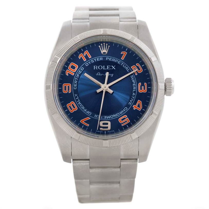 This image shows a front view of a Rolex Air-King 114210 Men's Stainless Steel Blue Dial 114210 Men's Stainless Steel Blue Dial watch, highlighting the face, bezel, and bracelet.