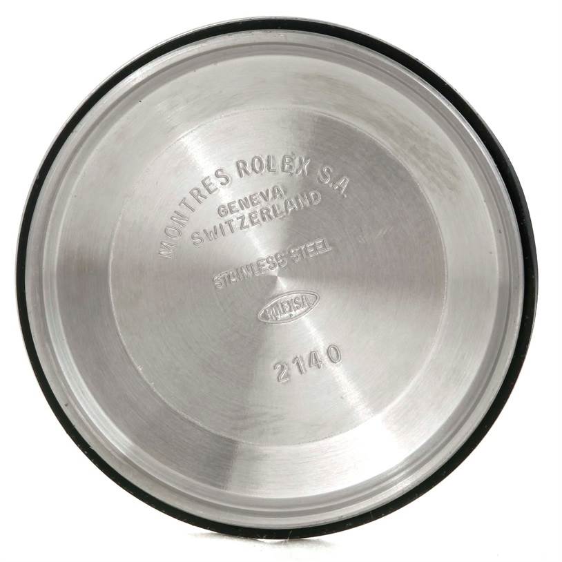 This image shows the inside case back of a Rolex Air-King 14010 Men's Stainless Steel Black Dial 14010 Men's Stainless Steel Black Dial watch, photographed at a top-down angle.