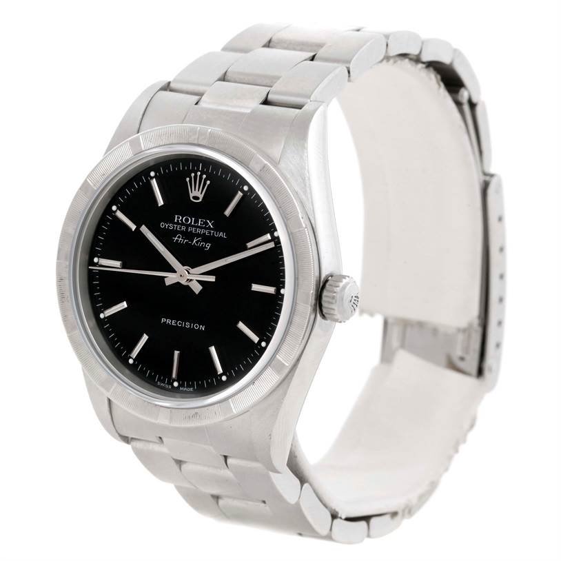 The image shows a front-angle view of a Rolex Air-King 14010 Men's Stainless Steel Black Dial 14010 Men's Stainless Steel Black Dial watch, highlighting its dial, case, bracelet, and crown.