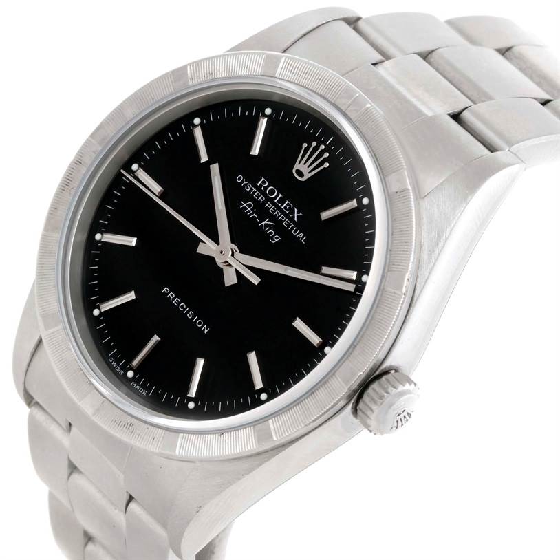 The image shows a Rolex Air-King 14010 Men's Stainless Steel Black Dial 14010 Men's Stainless Steel Black Dial watch at an oblique angle, featuring the face, bezel, crown, and part of the bracelet.